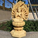 仏像 准胝観音 仏壇仏像 木彫り 桧木製 八角台座 唐草光背 祈る 厄除け(高さ28cm×巾15cm×奥行15cm) (原木)