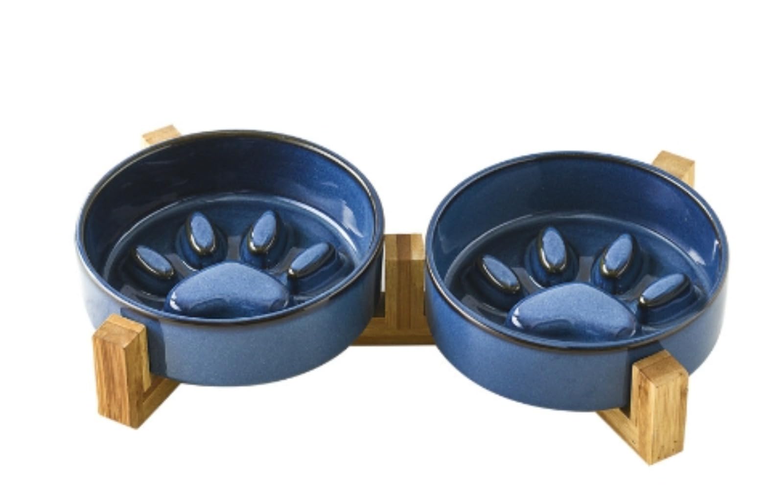 早食い防止 食器 ペット ボウル 台 フードボウルスタンド犬 猫食器 陶器 犬猫用 餌入 木製 ペット皿 滑り止め 安定感 取り外し可能 (給餌ボウル+二つの木製スタンド,ブルー)