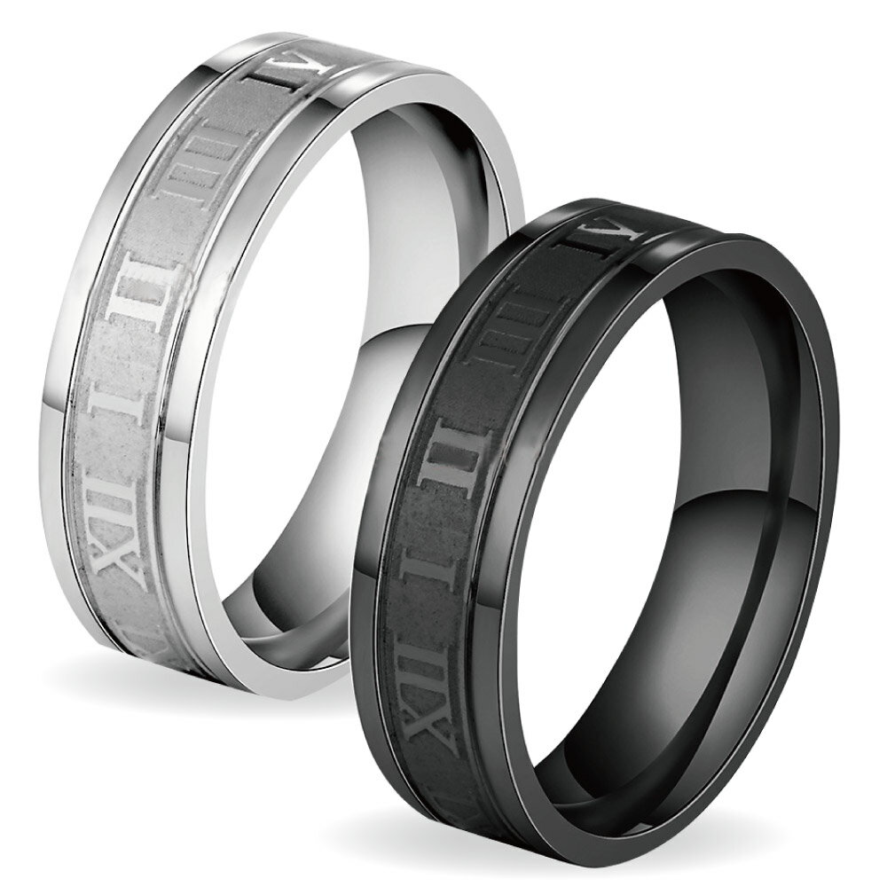 Qroza 指輪 ローマ数字 ステンレス つけっぱなし リング 幅6mm 太め エンボス マット仕上げ プレゼント 記念日 重ね付け ポーチ 磨き布 プレゼント おしゃれ オシャレ 人気 シンプル 男性 韓国 ファッション メンズ シルバーリング ブラック 韓国 アクセサリー