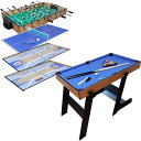 ・5in1のコンボゲームテーブルです。 　交換可能なテーブルトップで、サッカー、ビリヤード、卓球、ボーリング、カーリングが遊べます。 ・組み立ては簡単。全ての付属品が付属してます。ゲームから別のゲームに簡単に交換でき、何時間も楽しめます。 ・省スペース収納：全てのゲームテーブルは、ビリヤードベースとテーブルの間に積み重ねることができます。 　 写真のように立てて仕舞うことが出来ます。（タンスより少し小さいイメージです） ・ゲームルームや子供のリビングルームのインテリアにも最適です。6畳の広さでも遊ぶことが出来ます。 　親子や兄弟、お孫さんと遊んだりと家族みんなで楽しめるとても楽しいゲームテーブルです。 　趣味のガレージがある方はおもちゃとして、またインテリアとしても雰囲気が出ます。 ・カフェやゲームセンターなどのおもちゃとしても活用して頂けます。業者の方はいかがでしょうか。 ・寸法：縦幅115cm 横幅60cm（ポールの長さは105cm） 高さ82cm 28kg