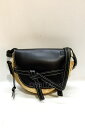 代官山)LOEWE ロエベ ゲートバッグ スモール レザー×ラフィア ショルダーバッグ ブラック×ナチュラル
