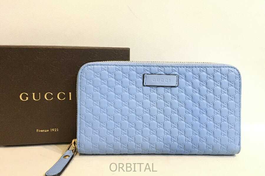 【中古】二子玉) GUCCI グッチ マイクログッチシマレザー ロングウォレット ラウンドファスナー 長財布 レディース ブルー 449391 正規