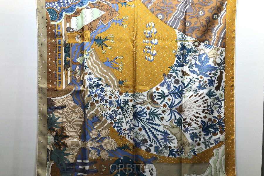 【中古】経堂) HERMES エルメス 極美品 カレ90 Le Premier Chant 始まりの歌 シルクスカーフ 箱付 正規 ブラウン系