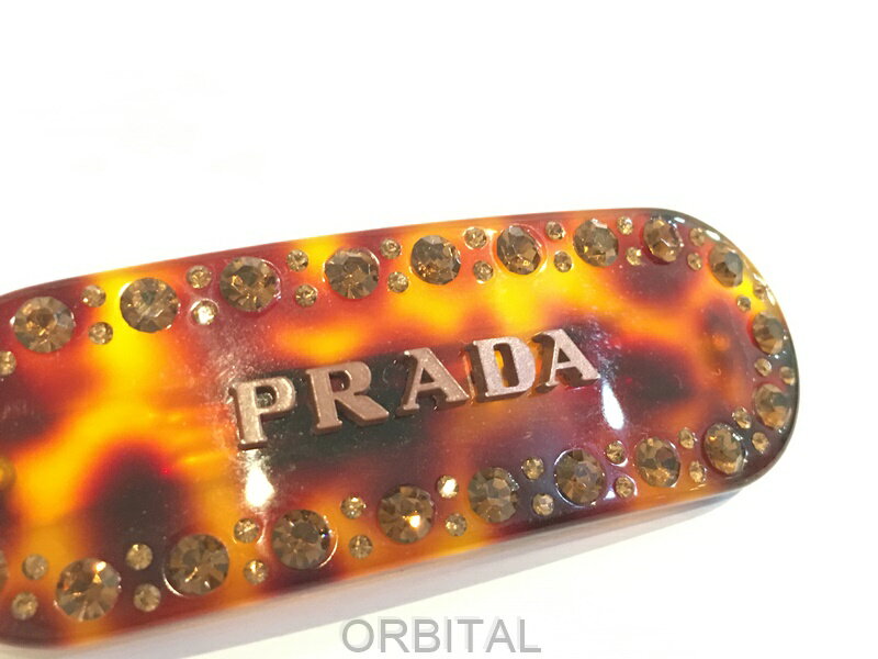 【中古】二子玉) PRADA プラダ ロゴ ビジューバレッタ ヘアアクセサリー べっ甲 ラ...