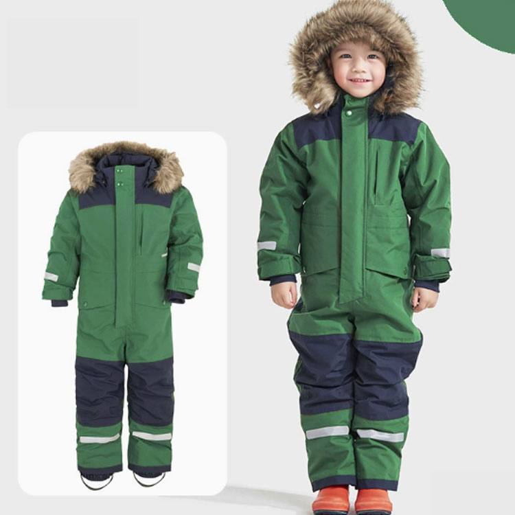 VEXIAの防風 防寒 キッズ スキーウエア 冬 雪遊び ジャンプスーツ オシャレ 防水 あったか 裏フリース 撥水加工 フード付き ツナギ服 可愛い つなぎ スノボウェア スノーウェア 子供服 男の子 女の子 スノーボードウエア 配色 バイカラー キッズ 100 110 120 130 140 150 160｜アングル3