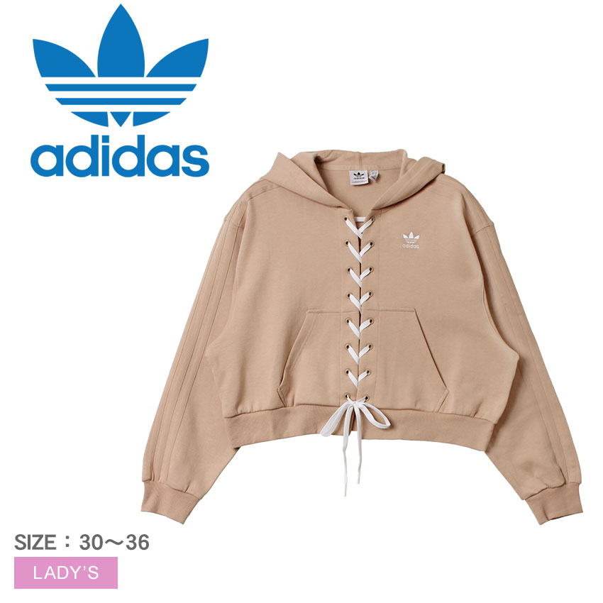 《3日間限定SALE開催中》アディダス パーカー レディース adidas originals ALWAYS ORIGINAL アディダスオリジナルス レースアップパーカー トップス ショート丈 クロップド丈 シンプル スポーティ かわいい カジュアル 長袖 ベージュ ピンク リボン 個性的