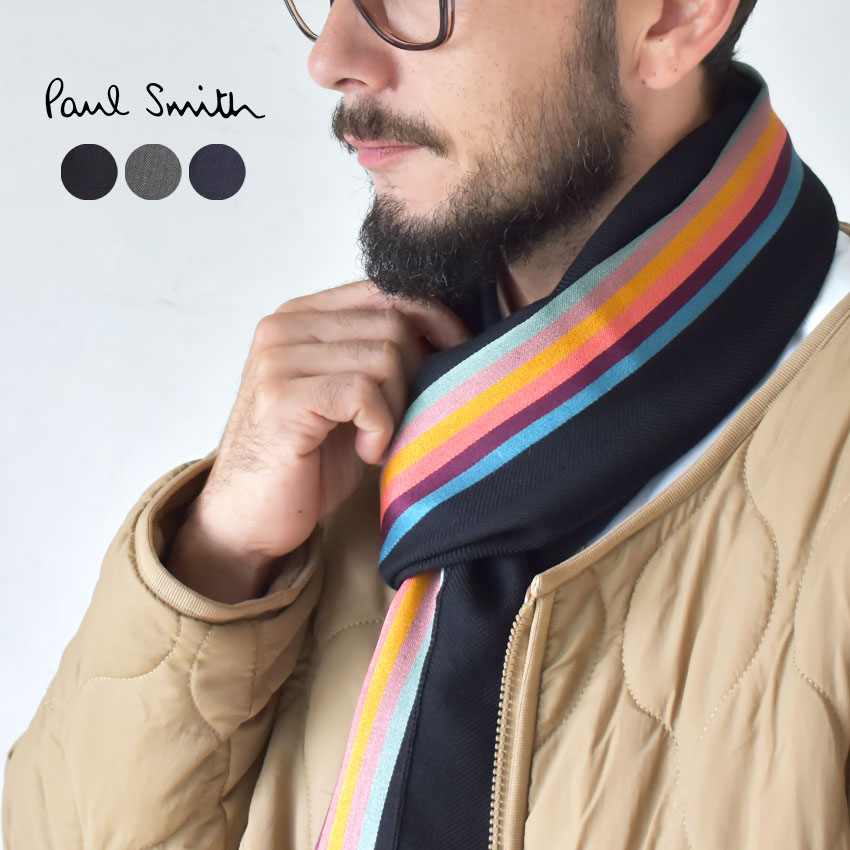 ポールスミス マフラー（メンズ） 【ゆうパケット配送】 ポールスミス スカーフ メンズ PAUL SMITH ブランド 無地 フォーマル クラシック カジュアル ワンポイント おしゃれ 定番 プレゼント 羊毛 ウール マフラー ブラック 黒 グレー ネイビー M1A-454D-AS22