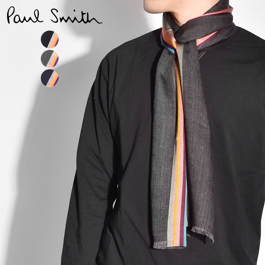 《クーポンで割引》【ゆうパケット配送】 ポールスミス スカーフ メンズ PAUL SMITH ブランド 無地 フォーマル クラシック カジュアル ワンポイント おしゃれ 定番 プレゼント 羊毛 ウール マフラー ブラック 黒 グレー ネイビー M1A-454D-AS22