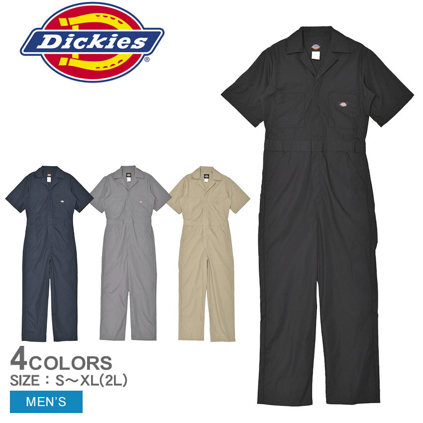 ディッキーズ つなぎ メンズ DICKIES ショート スリーブ カバーオール 作業服 作業着 半袖 仕事着 無地 オールインワン ウエア ポケット ブランド ストリート シンプル カジュアル ウエストゴム おしゃれ 開襟 楽ちん グレー カーキ