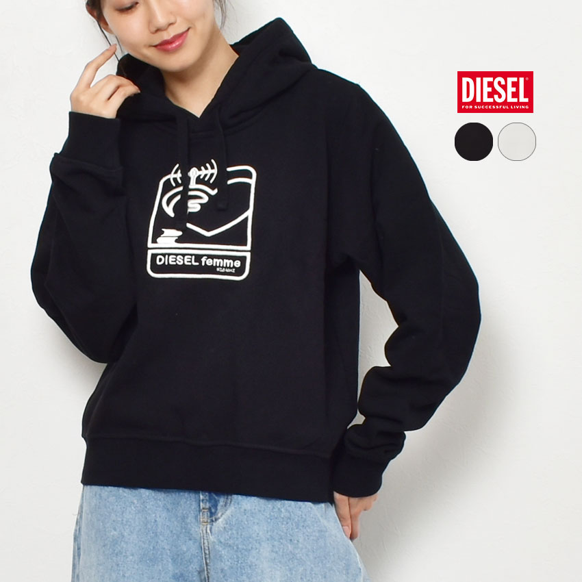 《今だけ！店内全品ポイントUP》ディーゼル パーカー レディース DIESEL F-REGGY E1 HOOD スウェット フード トップス レギュラーフィット 無地 長袖 ブランド ストリート おしゃれ シンプル ロゴ ハート 刺繍 防寒 暖かい フード ホワイト 白 ブラック 黒 A06570 0NAZQ