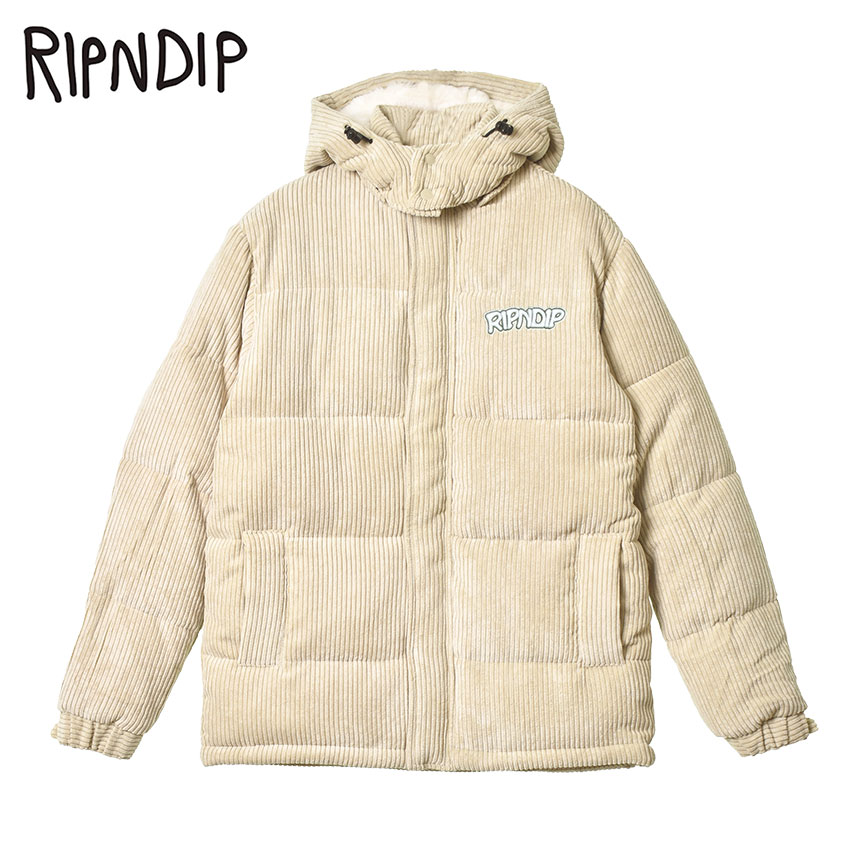 《今だけ！全品ポイントUP》リップンディップ アウター メンズ RIPNDIP ダウンジャケット INTERTWINED CORD PUFFER JACKET アウター 長袖 ダウン ダウンジャケット フード コーデュロイ ブランド ストリート 猫 カジュアル 上着 防寒 カーキ ベージュ RND8004