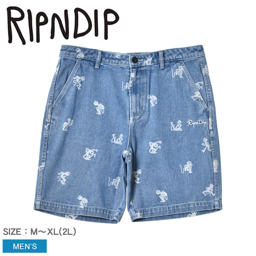 限定クーポン配布☆リップンディップ パンツ メンズ RIPNDIP DANCE PARTY DENIM SHORTS ウエア ズボン ショートパンツ ボトムス ブランド ストリート カジュアル スケボー スケート キャラクター デニム 半ズボン おしゃれ ウォッシュ ブルー 青 ホワイト 白