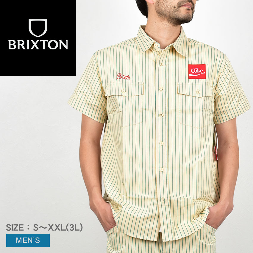 ブリクストン 半袖シャツ メンズ BRIXTON COCA-COLA DELIVERY OLSON S／S ウエア 半袖 シャツ コカ・コーラ コラボ コラボレーション 衿付き 襟付き ストライプ 柄シャツ 総柄 刺繍 刺しゅう ワッペン ブランド ストリート カジュアル