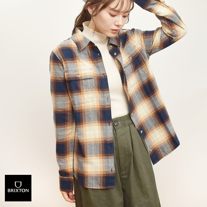 《今だけ！店内全品ポイントUP》ブリクストン カジュアルシャツ レディース BRIXTON BOWERY W STT L/S FLANNEL ウエア ネルシャツ 長袖シャツ 羽織 シンプル ブランド ストリート カジュアル チェック おしゃれ ネイビー 紺 ベージュ オレンジ 01261