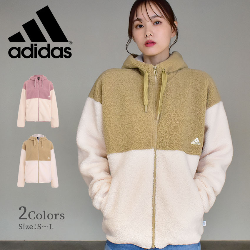《限定クーポン配布》アディダス アウター ボア レディース ADIDAS オーバーサイズフィット フルジップジャケット 上着 ウェア ベージュ トップス ブランド 長袖 ふわふわ 刺繍 ワンポイント 可愛い カジュアル ピンク ジップアップ 白 もこもこ あったか 暖かい 冬のサムネイル