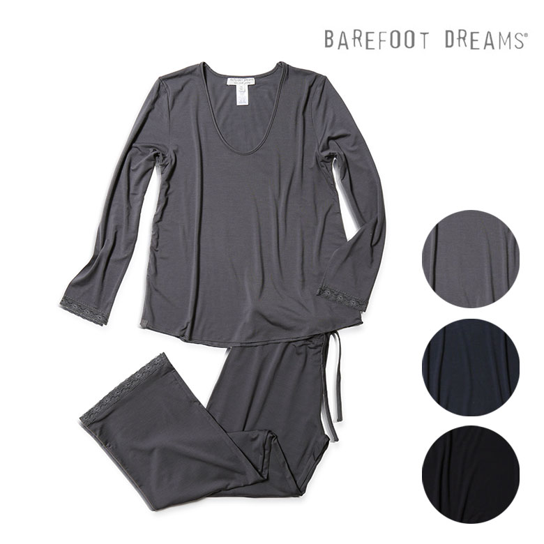 楽天VIAJEROベアフットドリームス パジャマ カットソー Tシャツ Uネック ロング 長袖 レディース レース BAREFOOT DREAMS LUXE MILK JERSEY 【送料無料】【レビュー】 おうち時間 部屋着