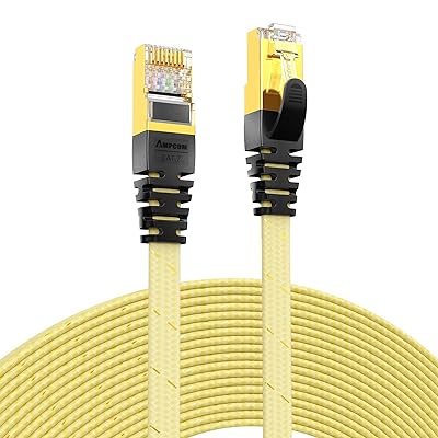 CAT7準拠STP 高速LANケーブル(15m) AMPCOM 10Gbps/600MHz 10G通信 フラットインターネットケーブル 金メッキコネクタ(組紐) 高靭性ポリエステル採用 PVC被覆 やわらか 爪折れ防止 金 15M