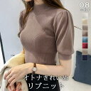サマーニット パワショル ニット トップス レディース リブニット 半袖 五分袖 タートルネック ハイネック パフスリーブ 無地 オフィスカジュアル 上品 きれいめ 二の腕 カバー 首元 隠し uv 紫外線対策 父の日