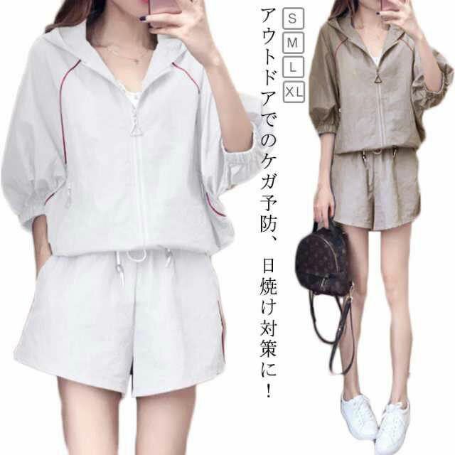 ラッシュガード レディース 上下セット ショートパンツ セットアップ 半袖 フードパーカー 体型カバー パーカー 無地 シンプル おしゃれ UVカット 紫外線対策 日焼け防止 接触冷感 ひんやり 吸水速乾 軽量 動きやすい ストレッチ 韓国 30代 40代 50代 カジュアル 夏 送料無料