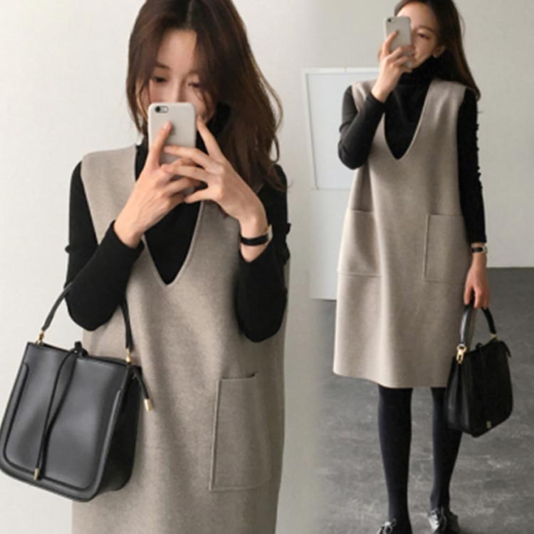 送料無料 ジャンパースカート レディース ワンピース 黒トップス 2点セット セットアップ Vネック 膝丈 ミディ丈 サロペット スカート 重ね着 大人 マタニティ フォーマル きれいめ オフィス カジュアル 結婚式 お洒落 秋 冬 着痩せ 大人 体型カバー ママ