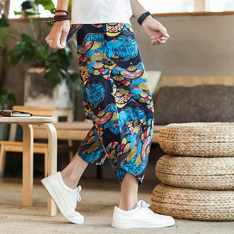 メンズ ジョガーパンツ 7分丈 クロップドパンツ ボトムス プリントパンツ 冷感 花柄 サルエル 象柄 サルエルパンツ ゾウ サルエルパンツ ズボン カジュアル 綿麻風 おしゃれ メンズファッション 大人 ゆったり 大きいサイズ ルームウェア リラックスパンツ