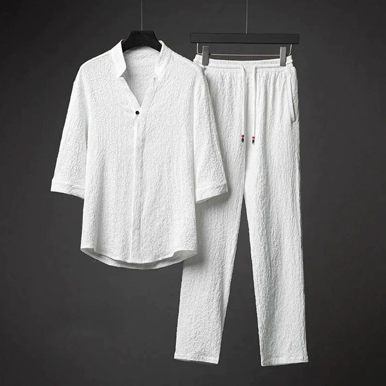 Vネック 接触冷感 セットアップ 夏 綿麻風 メンズ Tシャツ ロングパンツ ひんやり パンツ ロング丈 父の日 五分袖Tシャツ カジュアル 2点セット ゆったり ルームウェア 部屋着 接触冷感 涼しい 父の日 ギフト 送料無料