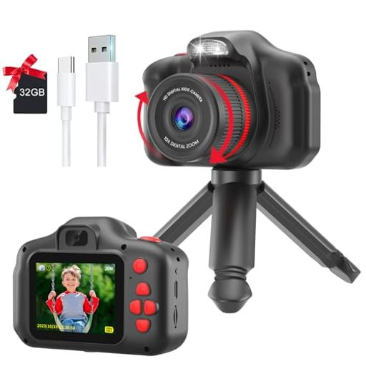 キッズカメラ 子供用 最新バージョン 子ども向けデジタルカメラ 2.4インチディスプレイ搭載 マイク内蔵・フィルインライト付き スイベルレンズ付き10倍ズーム 4歳以上の子供に最適な写真練習用カメラ(BLACK)