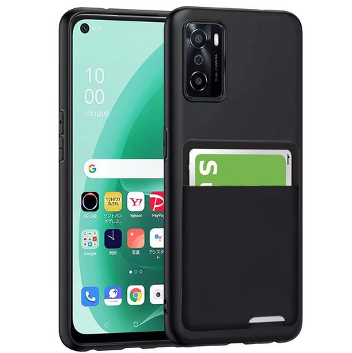 Oppoa55s5gケース背面収納耐衝撃カード収納薄型軽量TPUカバーストラップホール付き黄変防止指紋防止おっぽスマホa55sケース(ブラック)