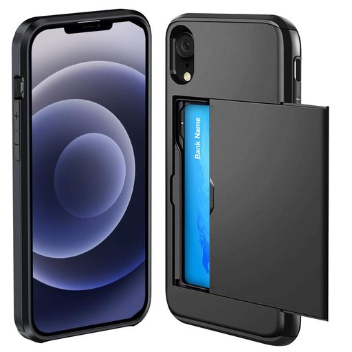 Nipaituo用のiPhoneケースXRケースカード収納背面米軍MIL規格耐衝撃ICカード収納落下防止全面保護指紋防止滑り止め擦り傷防止ブラック