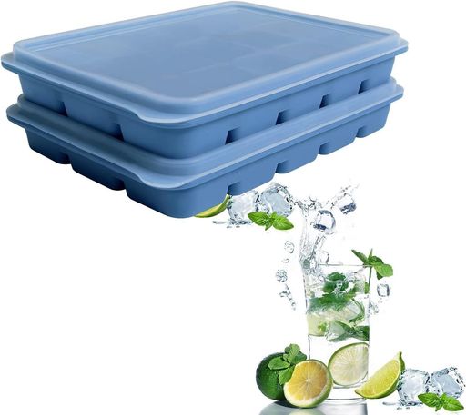 製氷皿四角氷製氷皿シリコン製氷器蓋付き氷作る容器小分けソフト取り出しやすい冷凍保存耐久性蓋つきアイスキューブトレーシリコンモールド2個入り(青)