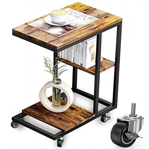 ZXDサイドテーブルワゴンキャスター付きコの字型デザインベッドリビングサイドテーブルソファビンテージ