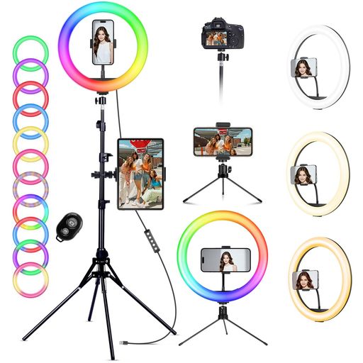 KOSCHEAL12インチリングライト176cm卓上スタンド付き自撮り棒兼用40のRGBモード三脚付き撮影ライト俯瞰撮影スマホクリップ式女優ライトビデオライトUSB給電适用于ビデオ録画、ズーム会議、T…