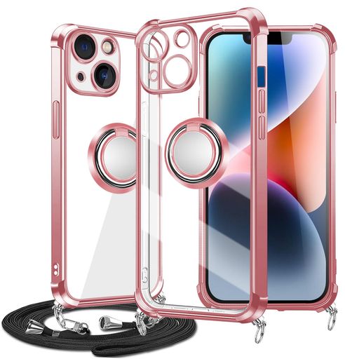 乐天商城 - iPhone14Plus用ケースクリアリング付きアイホン14plusスマホケース透明おしゃれ韓国肩掛け斜めかけ縄掛けケースTPU薄型軽量耐衝撃メッキ加工ストラップ付きストラップホール付きスタンド機能