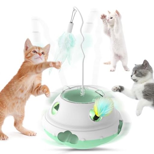 猫おもちゃ 猫じゃらし PAWABOO 電動 3IN1 猫用電動おもちゃ 猫用おもちゃ 釣り式 ペット竿状 給餌式 ペット用品 遊ぶ盤スビート調整可能 餌入れ 倒れない 一人遊び 留守番 肥満対策 運動不足解消 ストレス解消 暇つぶし グリーン