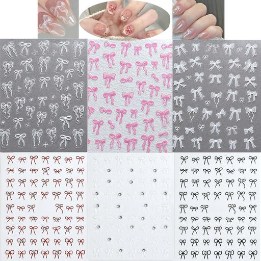 ZHSHXNGYネイルパーツシールジェルリボンステッカーリボン立体白黒赤可愛いネイル用シール3D透明蝶結び6セット