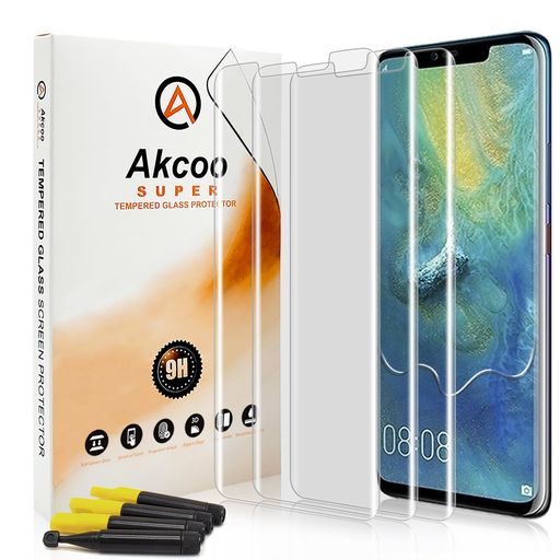 【3枚入】Mate20ProフィルムUV全面吸着AkcooMate20Proガラスフィルム9H旭硝子製高感度タッチ指紋認証対応撥油加工飛散防止