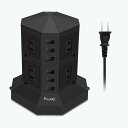 POWERJCタワー式電源タップ 2層縦コンセント 8AC充電口雷ガード 過負荷保護 省エネ 延長コード1.5M オフィス/家庭給電用 ポリカーボネート ブラック