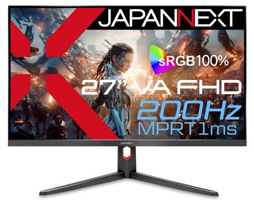 JAPANNEXT 27インチ ゲーミングモニター 200Hz 1ms フルHD 1920x1080解像度 VA パネル ディスプレイ (HDMI/DisplayPort/VESA対応/ブルーライトカット / 視野角178°) JN-27V200F