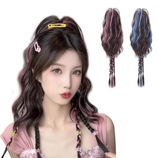 レディース カラフル クリップ式ポニーテール&三つ編み ウィッグ カール ヘアエクステ 巻き髪 け毛 (ピンク)