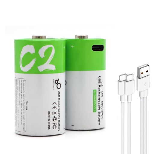 SMARTOOOLSUSB充電式単2形リチウム電池、1.5V出力、容量5000mWh(3300mAh)、Cセル(USBCケーブル付属)、急速充電2.5時間、単2形電池2個