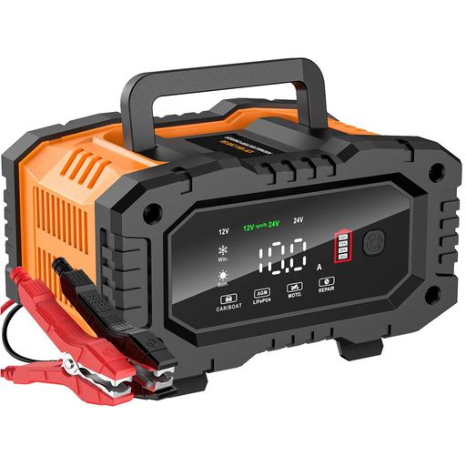 AUTOWHD12Vと24V用鉛蓄バッテリー充電器全自動バッテリーチャージャーリン酸鉄リチウムオン充電器修復充電機パルス充電サルフェーション除去1.5A/5A/...