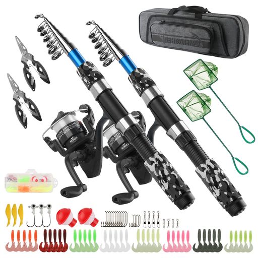 Fishing - 2本釣りセット1.7M釣り竿セット初心者ロッドリールセットフィッシングロッドセットスピニングロッドスピニングリール海釣りセットコンパクトセット入門セットグラスファイバーロッド…