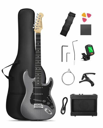 Donnerエレキギター初心者セットSTタイプSSSピックアップ39インチフルサイズミニアンプ付き専用ケースとチューナーなどアクセサリー9点セットDST-80B...