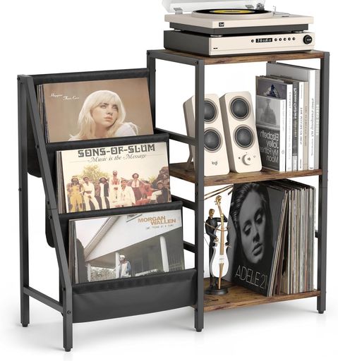 レコード収納ラック、3段レコードラック、200枚のレコードを収納でき、レコードプレーヤーの収納に適しています