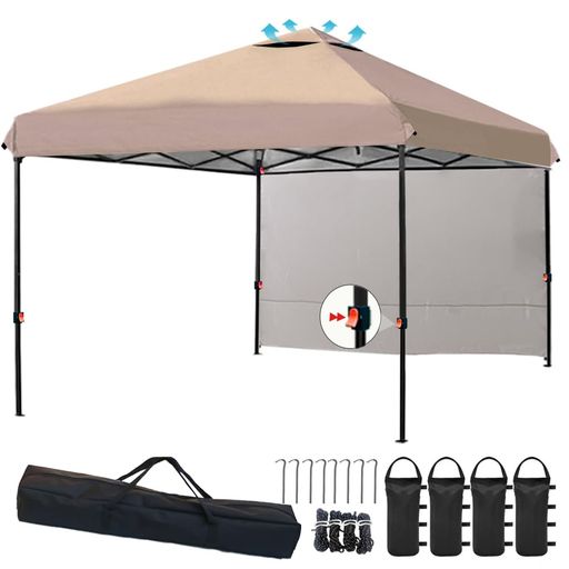 ApeexCanopy タープテント 3mx3m 【専用横幕/サイドシート1枚付属】 風抜けベンチレーション 高耐水加工&シルバーコーティング UVカット紫外線カット 遮熱 ワンタッチタープ 高さ3段階調節 ス…