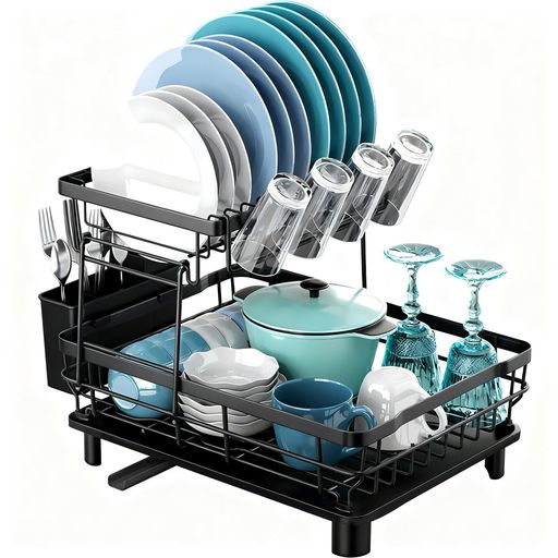 Stainless Goods - Rxakudedoキッチン水切りラック食器水切りラック2段食器乾燥ラック水切りかご食器置き防錆自動排水大容量省スペース組立簡単ブラック幅43X奥行33X高い33cm