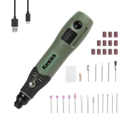 KREBS(クレブス)充電ミニルーター(リューター)3.6Vコードレス超軽量3段変速最高15000rpmビット31点セット彫刻/研磨/切削/穴あけ/汚れ落とし/つや出し