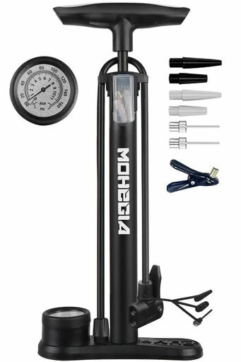 MOHEGIA自転車空気入れ:フロアポンプ-仏式米式英式バルブ対応-160PSIスケール圧力計-ブラック