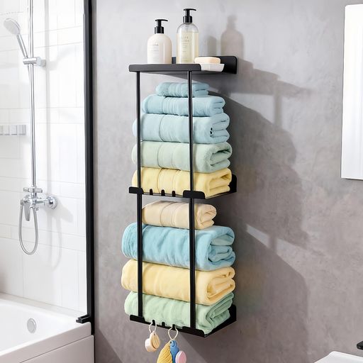 NODIBROタオルラック3段壁掛けタオルホルダー穴式設置強力な耐荷重性省スペースタオル掛けバスタオルスタンドバスルーム収納脱衣所洗面所対応ブラック