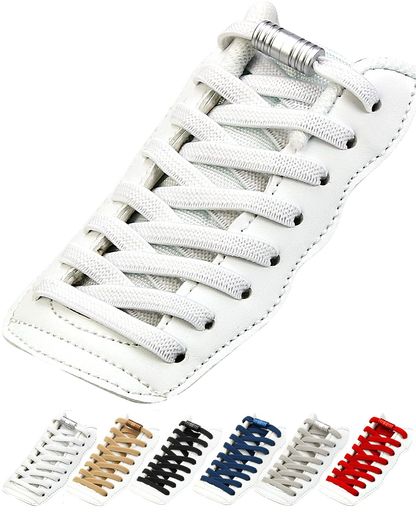 Shoe Lace - [LANBEN]靴紐結ばないゴム紐伸びるシューレース平紐無地長さ約110cmカプセルロック簡単取り付けスニーカー革靴子供大人高齢者に1足分(2本)ホワイト